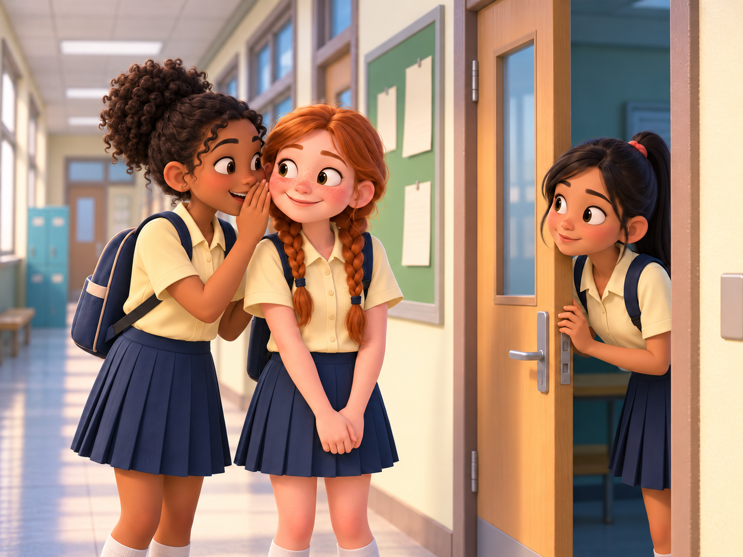 A curious girl at the classroom door watches two schoolgirls whispering.