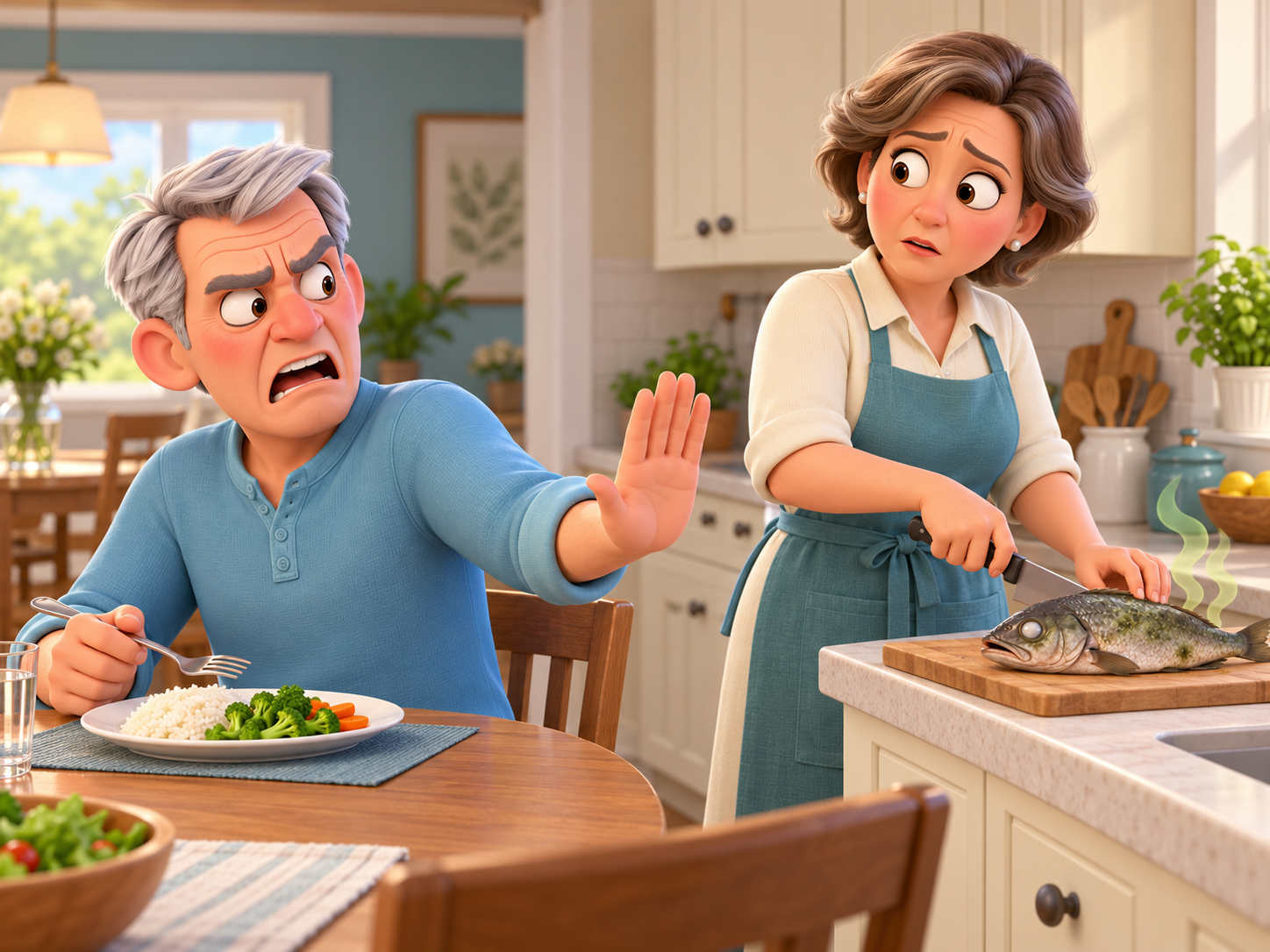 A man reacts to the smell of a spoiled fish in the kitchen and gestures not to serve it.